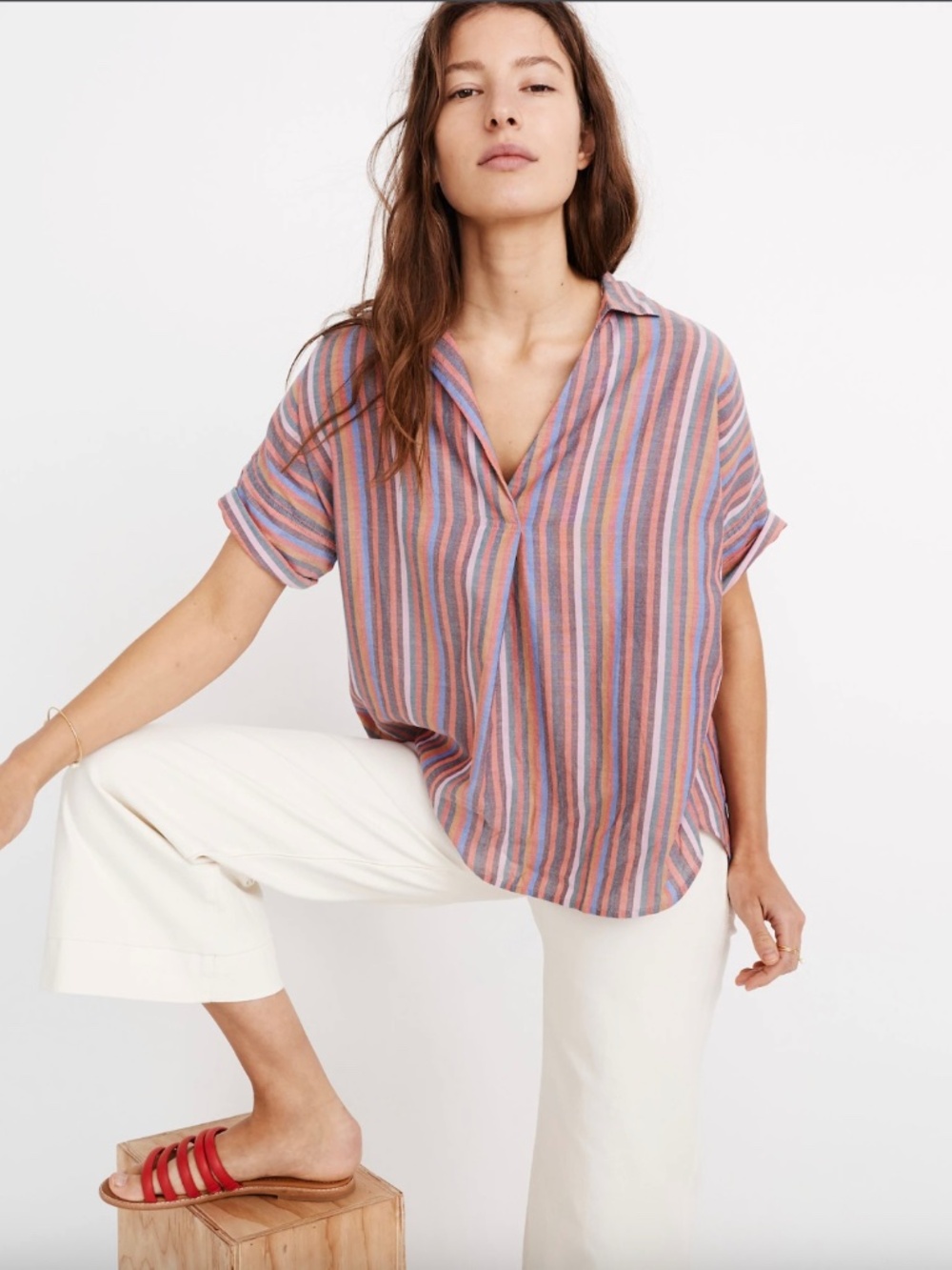 Madewell Courier Button-Back Shirt in Rainbow Stripe